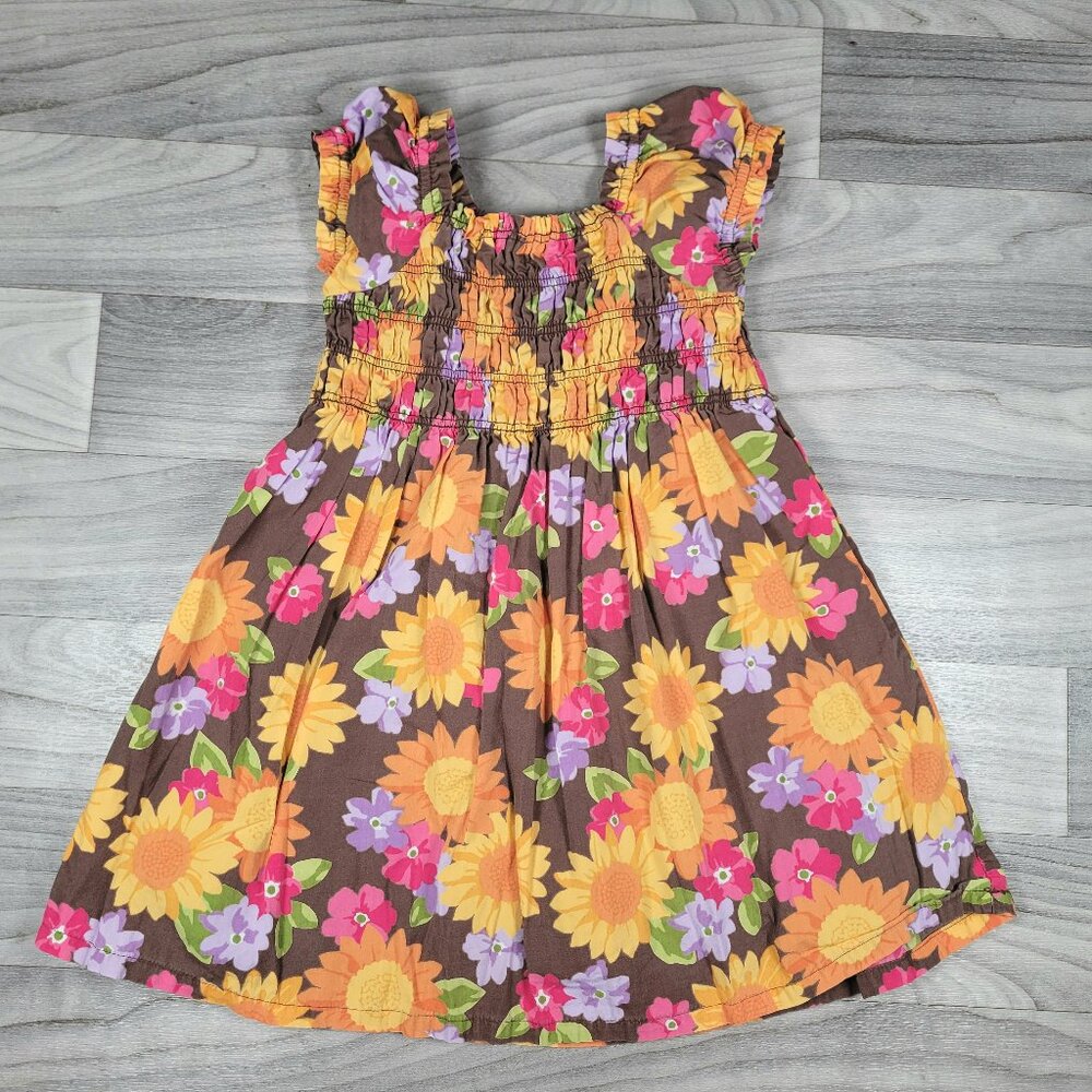 Gymboree Floral Dress Girls Size 4 Sundress Sunflower Smocked Bodice Cap Sleeve